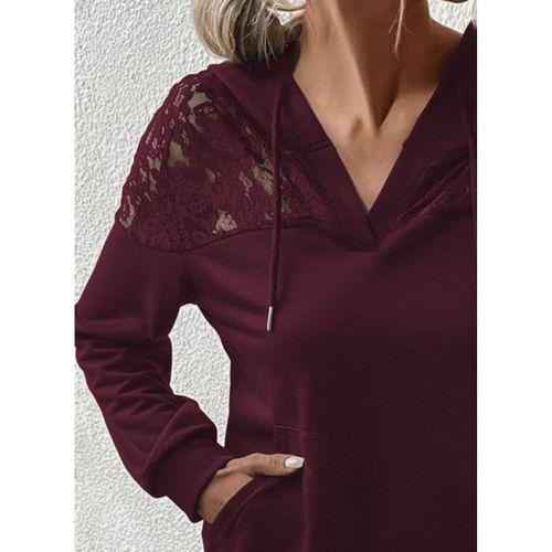 Kadın Uzun Kollu Kapşonlu Bağcıklı Dantelli Viskon Iki Iplik Bluz