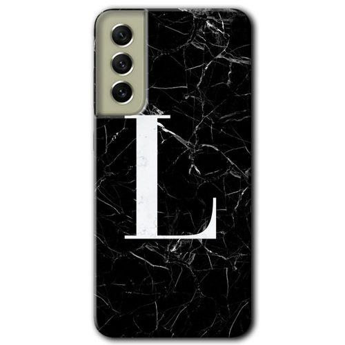 MRCİLETİSİM Samsung Galaxy S21 FE Kılıf Baskılı Kapak - Siyah Mermer Desenli L Harfi + 5D Tam Kaplayan Cam