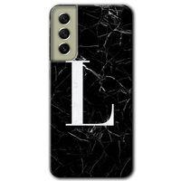 MRCİLETİSİM Samsung Galaxy S21 FE Kılıf Baskılı Kapak - Siyah Mermer Desenli L Harfi + 5D Tam Kaplayan Cam