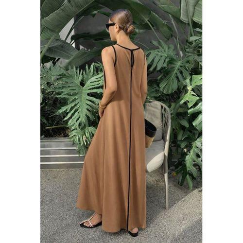 Kadın Omuzlardan Açık Yaka Ince şerit Detaylı Uzun Viskon Elbise