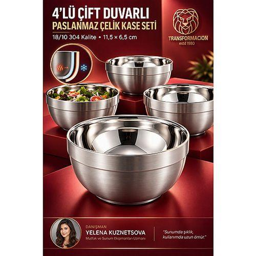 4 lü Çift Duvarlı Yalıtımlı Salata Dondurma Erişte Sos Atıştırmalık 11,5 cm Servis Kasesi 18/10 304 Çelik 723767