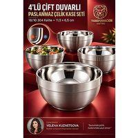 4 lü Çift Duvarlı Yalıtımlı Salata Dondurma Erişte Sos Atıştırmalık 11,5 cm Servis Kasesi 18/10 304 Çelik 723767