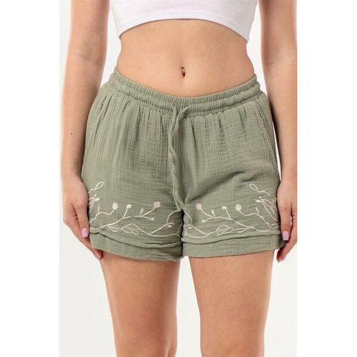 Beli Lastikli Cunda Çift Cepli Yazlık Nakışlı Müslin Mini Şort Zeytin Yeşili Zytnysl