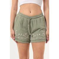 Beli Lastikli Cunda Çift Cepli Yazlık Nakışlı Müslin Mini Şort Zeytin Yeşili Zytnysl