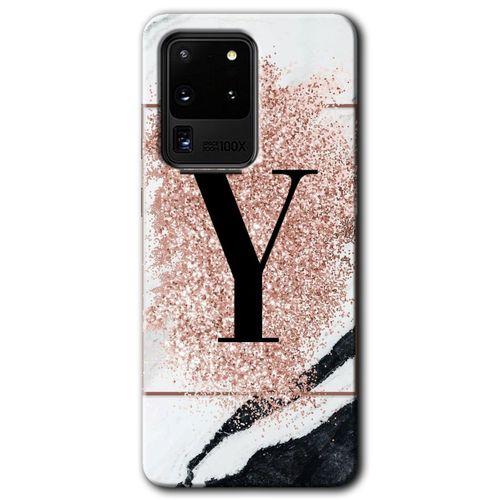 Samsung Galaxy S20 Ultra Kılıf HD Desen Baskılı Arka Kapak + Temperli Cam - Pembe Mermer  Y Harfi