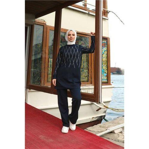 Çarpraz Taş Desenli O Yaka İkili Tesettür Eşofman Takımı - 71185.015 - Lacivert