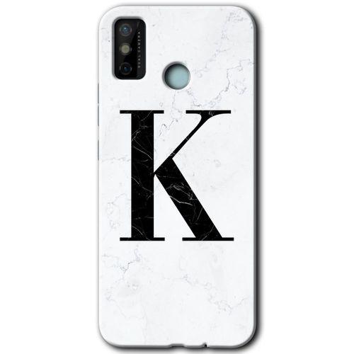 Tecno Spark 6 Go Kılıf HD Desen Baskılı Arka Kapak+Temperli Cam - Beyaz Mermer Desenli K Harfi
