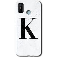 Tecno Spark 6 Go Kılıf HD Desen Baskılı Arka Kapak+Temperli Cam - Beyaz Mermer Desenli K Harfi
