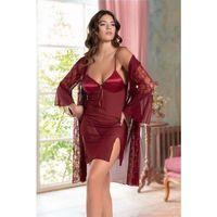 Bordo Transparan Dantel İşlemeli Tül Yırtmaçlı 2'li Gecelik Takımı