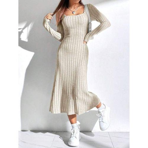 Kadın Uzun Kollu Kare Yaka Midi Kaşkorse Elbise