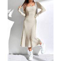 Kadın Uzun Kollu Kare Yaka Midi Kaşkorse Elbise