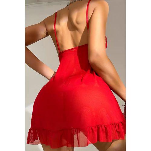 Kadın Kırmızı Dantelli, Fırfırlı Tül Ve Fiyonk Detaylı Tangalı Gecelik Takımı