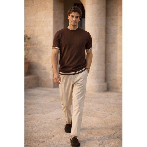 Dale Kolları Şeritli Bisiklet Yaka İnce Triko Örme Regular Fit Erkek T-Shirt - Kahve