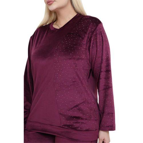Melsay Butik Parlak Kadife Bordo Yarım Garni Taşlı Kadın Eşofman Takımı