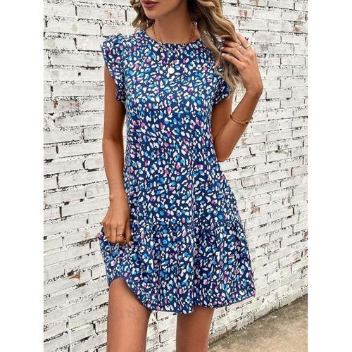 Lucky Life Kadın Kısa Kollu Bisiklet Yaka Etek Ucu Volanlı Kısa Dokuma Elbise