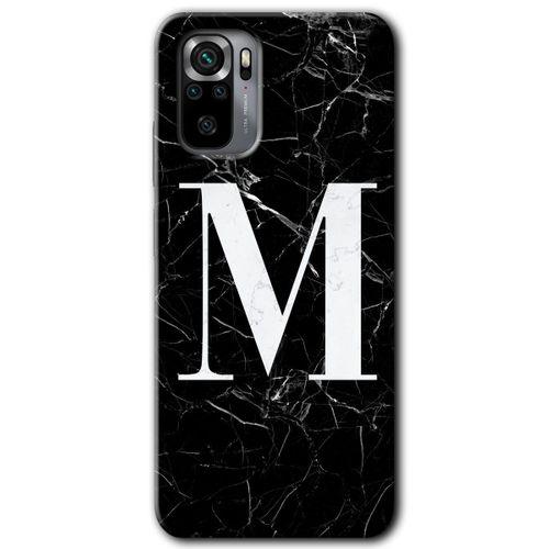 MRCİLETİSİM Xiaomi Redmi Note 10 Kılıf Baskılı Kapak - Siyah Mermer Desenli M Harfi + 5D Tam Kaplayan Cam