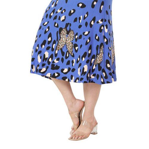 Melsay Butik Mavi Kısa Kollu A Kesim Eteği Sulu Leopar Desen Midi Elbise