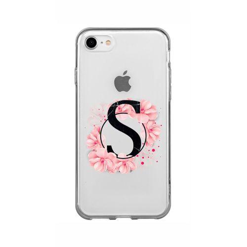 iPhone 7 Pembe Çiçek Desen S Harfli Şeffaf Kılıf