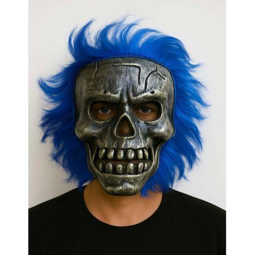 Wild Skull - Gümüş Kafatası Mavi Saçlı İskelet Maske - Lisinya
