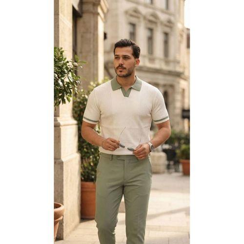 Erkek Renkli Yakalı File Desenli Kısa Kollu Tişört