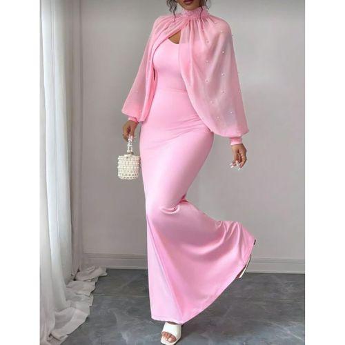 Kadın Balıkçı Yaka İnci Ve Tül Detay Dalgıç Kumaş Maxi Boy Elbise