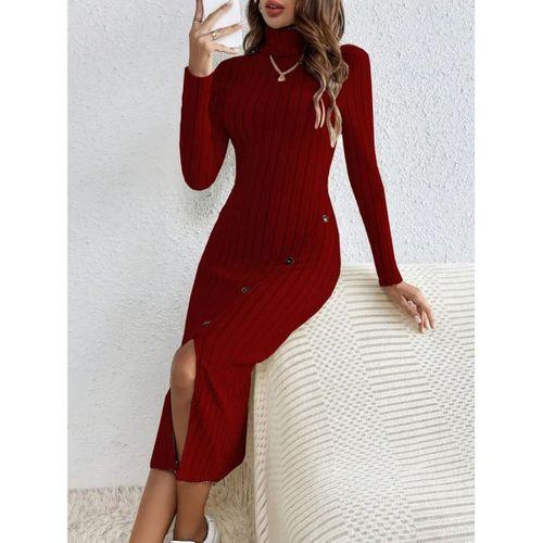 Kadın Uzun Kollu Balıkçı Yaka Yırtmaçlı Düğmeli şardonlu Kaşkorse Elbise