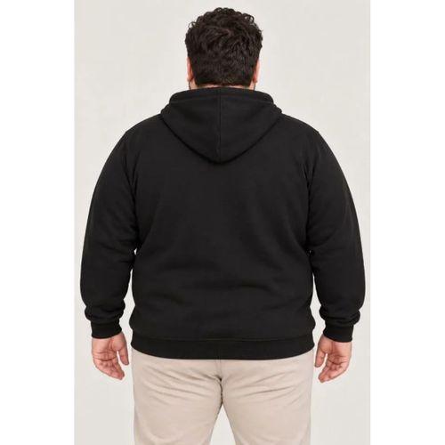 Erkek Battal Büyük Beden Üç İplik İçi Şardonlu Kapüşonlu Tam Fermuarlı Kışlık Sweatshirt - Siyah