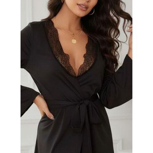 Kadın Uzun Kollu Dantel Yakalı Belden Kuşaklı Viskon Gecelik