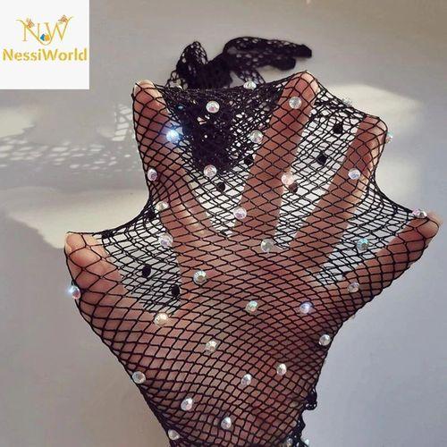 Siyah Renk İncili Elmas İşlemeli File Örgü Uzun Eldiven 45 cm