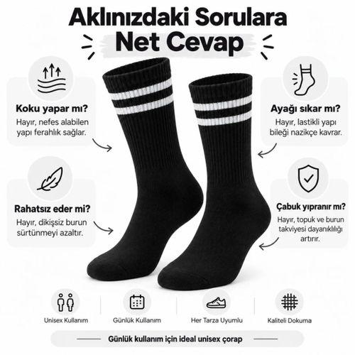 Siyah Çorap Beyaz Çizgili 3'lü Set Unisex Uzun Soket Günlük Spor Rahat Kolej Stil Çorap Seti