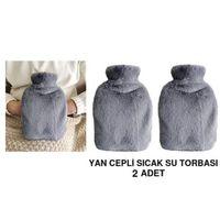 2 Adet Sıcak Su Torbası Yan Cepli Gri  Peluş Termofor 27X17X2Cm  1 Litre