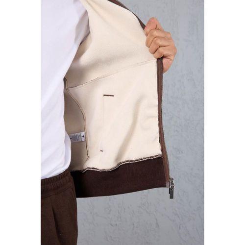 Ron Selanik Örme İçi Peluş Çift Fermuarlı Dik Yaka Erkek Hırka Sweatshirt  - Kahve