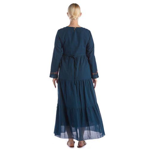 Uzun Kol Bisiklet Yaka Nakışlı Vual Petrol İlkbahar & Yazlık Elbise