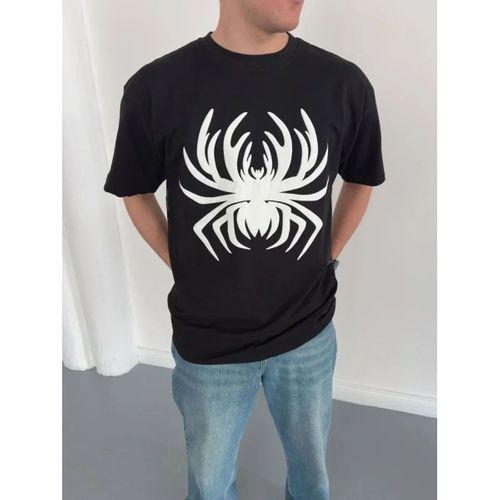 Erkek Örümcek Baskılı Tişört Kısa Kollu Bisiklet Yaka T-Shirt - Siyah
