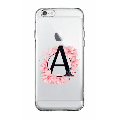 iPhone 6 Plus Pembe Çiçek Desen A Harfli Şeffaf Kılıf