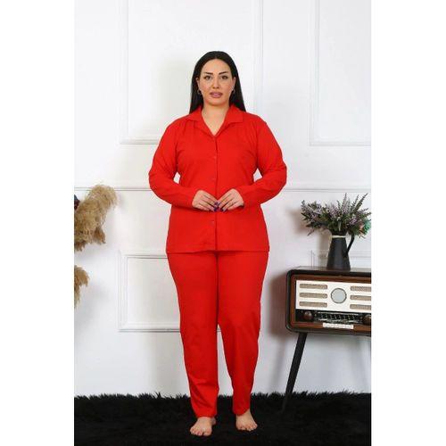 Kadın Büyük Beden Pamuklu Cepli Düğmeli Kırmızı Pijama Takım