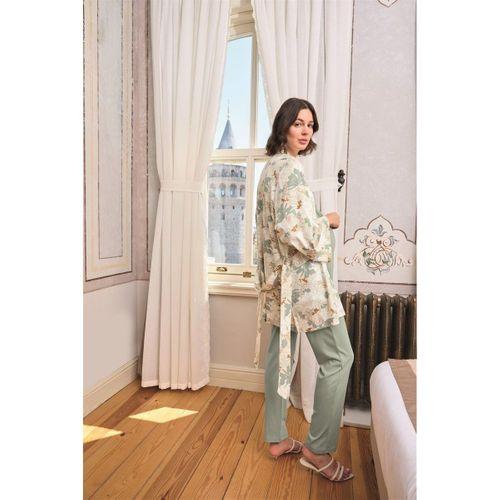 Çiçek Ve Yaprak Desenli Dantelli Hamile Lohusa 3'lü Pijama Takımı