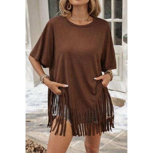 Kadın Kısa Kollu Bisiklet Yaka Püsküllü Viskon Bluz