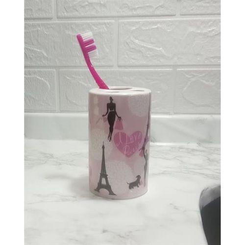 2 Adet Seramik Diş Fırçalık Kızlı Paris Desenli 7X7X11Cm Banyo Seti