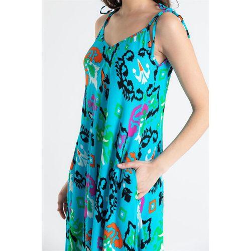 Askılı Viskon Suzan Uzun Yazlık Elbise Etnik Turkuaz Etnk trkz
