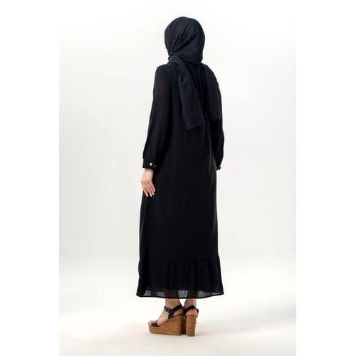 Uzun Kol Neşe Nakış Detaylı Boydan Düğmeli Yazlık Şile Bezi Uzun Elbise Siyah Syh