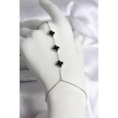 316L Çelik Gümüş Renk Siyah Yonca Model Kadın Şahmeran - TJ-SN737