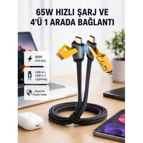 Usb-c Usb-a 4’ü 1 Arada Örgülü Kablo 65w Hızlı Şarj Metal Uç Dayanıklı