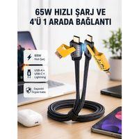 Usb-c Usb-a 4’ü 1 Arada Örgülü Kablo 65w Hızlı Şarj Metal Uç Dayanıklı