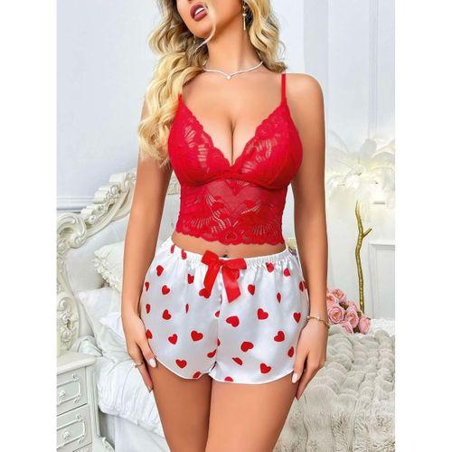 Kadın Kırmızı Kalp Desenli Şortlu Askılı Dantel Detaylı Pijama Takımı