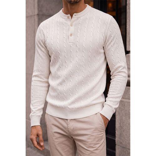 Bergamo %100 Akrilik Henley Yaka Saç Örgülü İnce Erkek Triko Kazak - Ekru