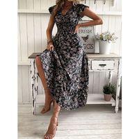 Kadın Kısa Kollu Kruvaze Yaka Beli Lastikli çiçek Desenli Elbise