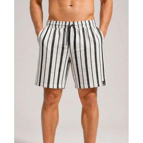 Erkek Çizgili Yazlık Şort Dokuma Kumaş Lastikli Bel Cepli Rahat Kesim - Ekru