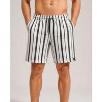 Erkek Çizgili Yazlık Şort Dokuma Kumaş Lastikli Bel Cepli Rahat Kesim - Ekru