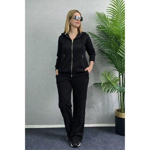 Kadın Uzun Kollu Kapşonlu Fermuarlı Taşlı önü Fermuarlı Viskon Iki Iplik Bluz Ve Eşofman Altı Ikili Takım